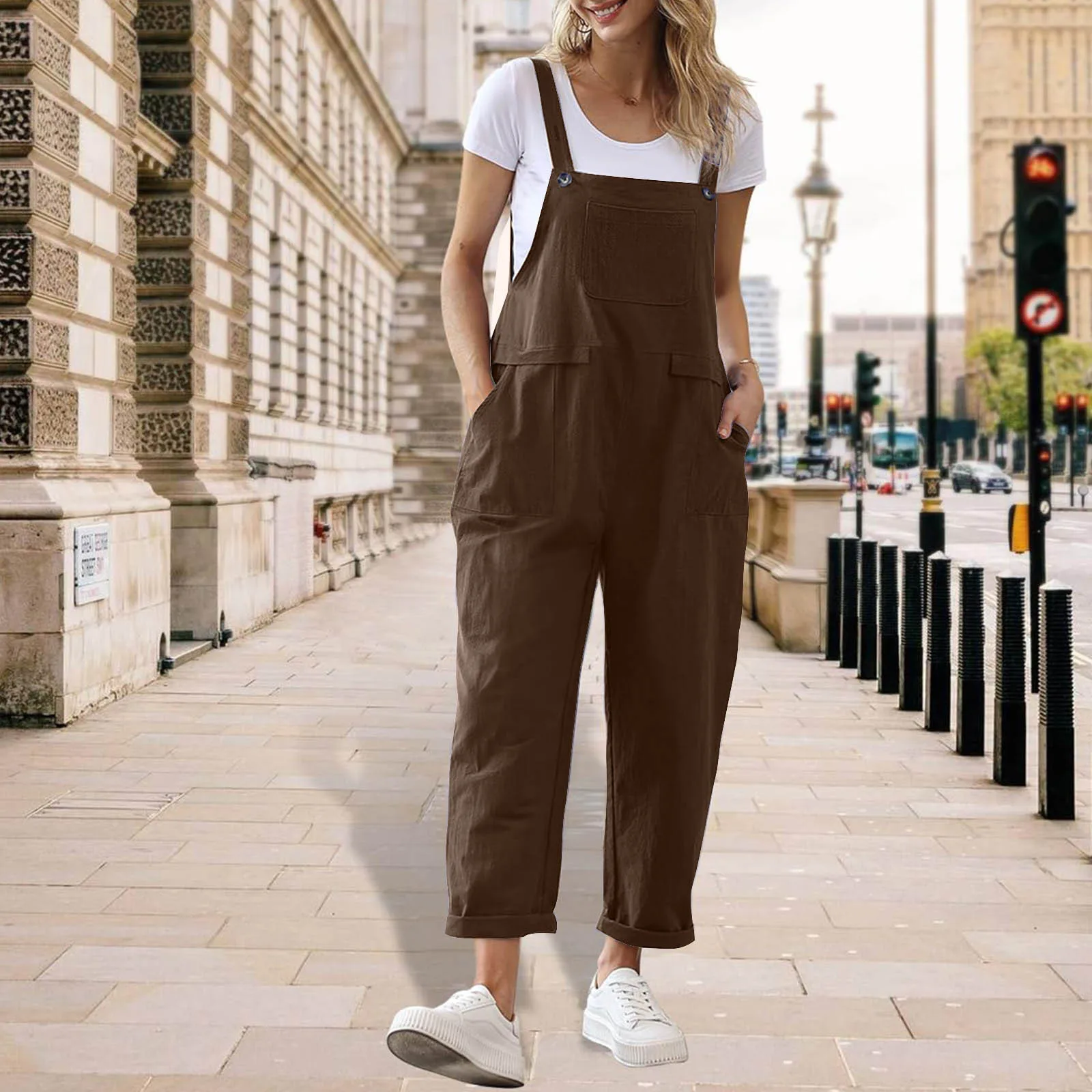 

New Hot Sale Women's Casual Comfortable Solid Colour Pockets Jumpsuit Trousers Comfortable Fashion Button Straight Jumpsuit