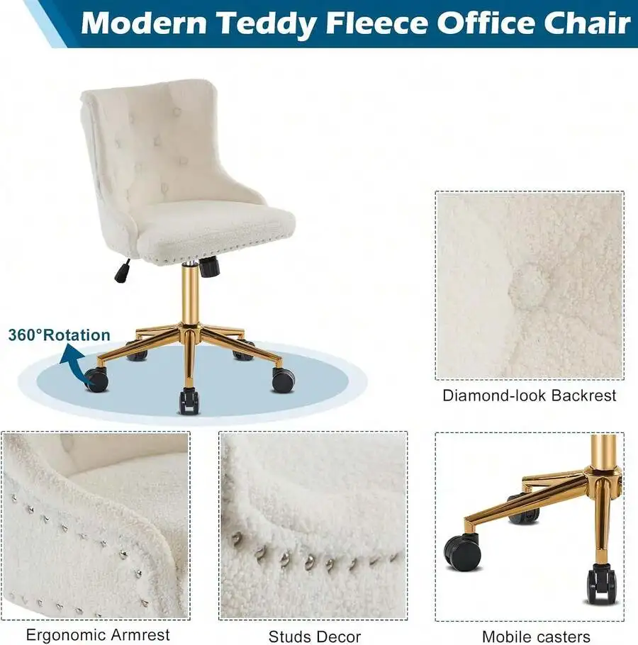 White Teddy Fleece Armless Office Desk Chair With Gold Base/Wheels, Cute Vanity/Makeup Chair With Back For Bedroom, Upholstered