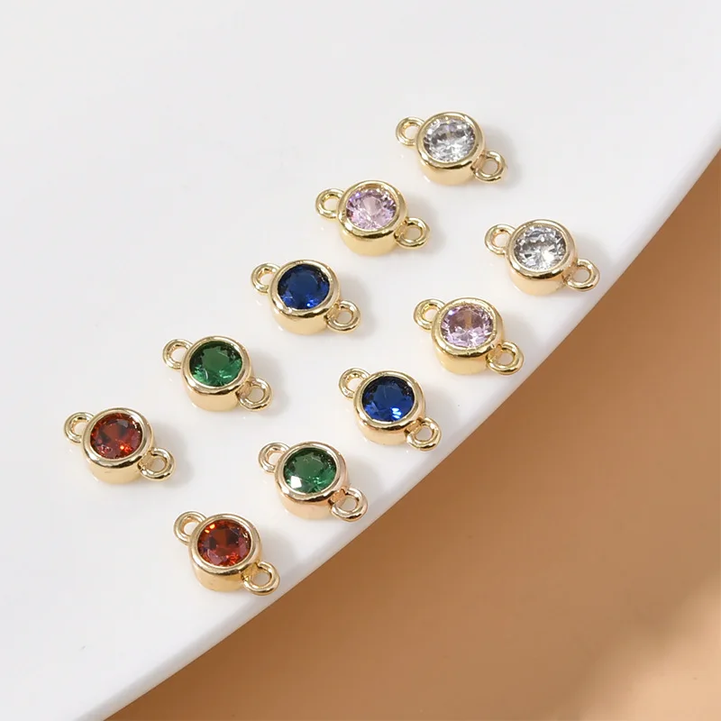 Copper Plated 14k Gold Color Retention Mini Double Hanging Round Zircon Pendant DIY Bracelet Necklace Ear Jewelry Accessories
