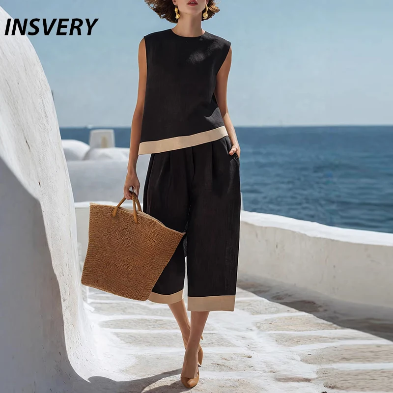 

Summer Sleeveless Women T-Shirts 3/4 Length Pants Suit Women Casual Two Piece Set Female Patchwork Color Tank Tops Shorts Outfit