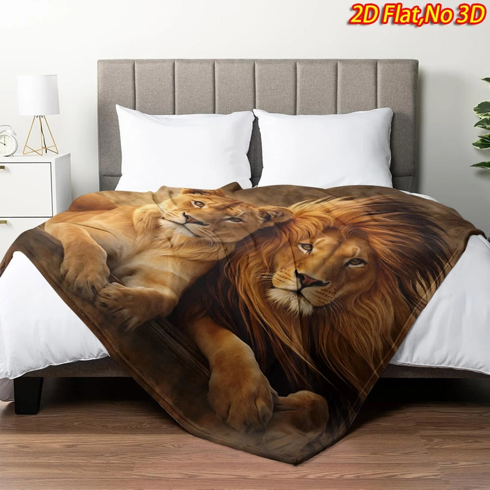 Retro Brown Texture Background Central Realistic Lion And Lioness Pair Wildlife Full Print Fluffy Blanket Soft Warm Couch Cover