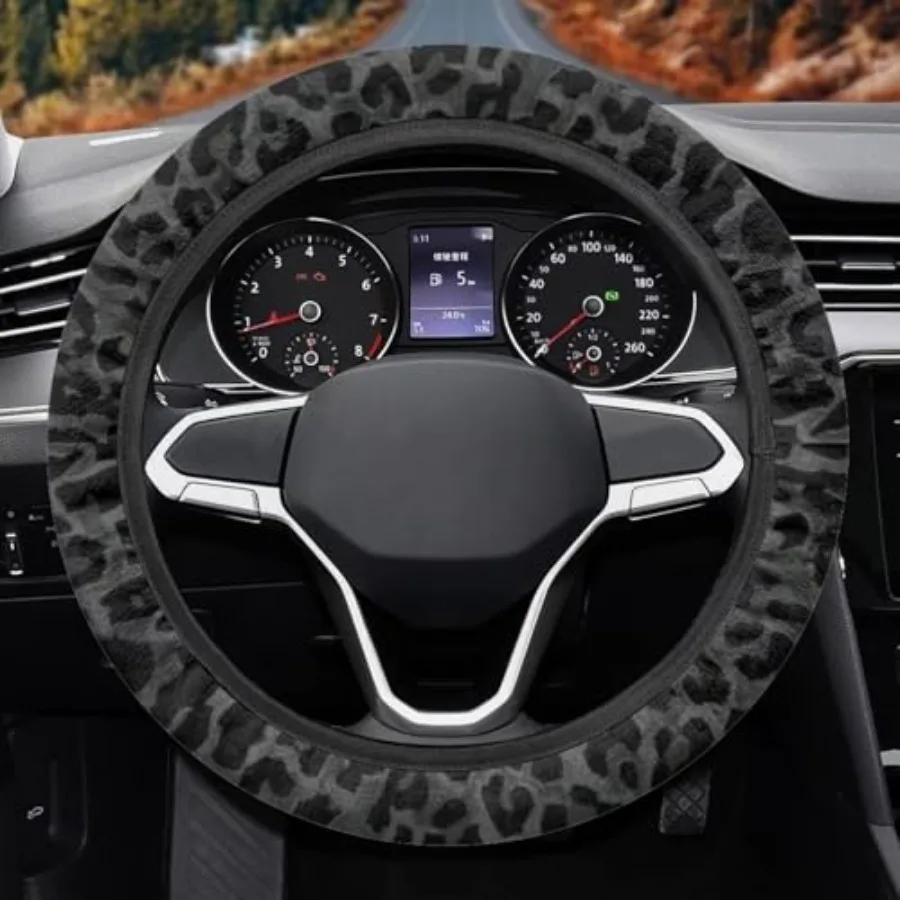 

Black Leopard Print Car Steering Wheel Cover, Cheetah Print Car Accessory for Diverse Cars, Cute Steering Wheel Cover Protector