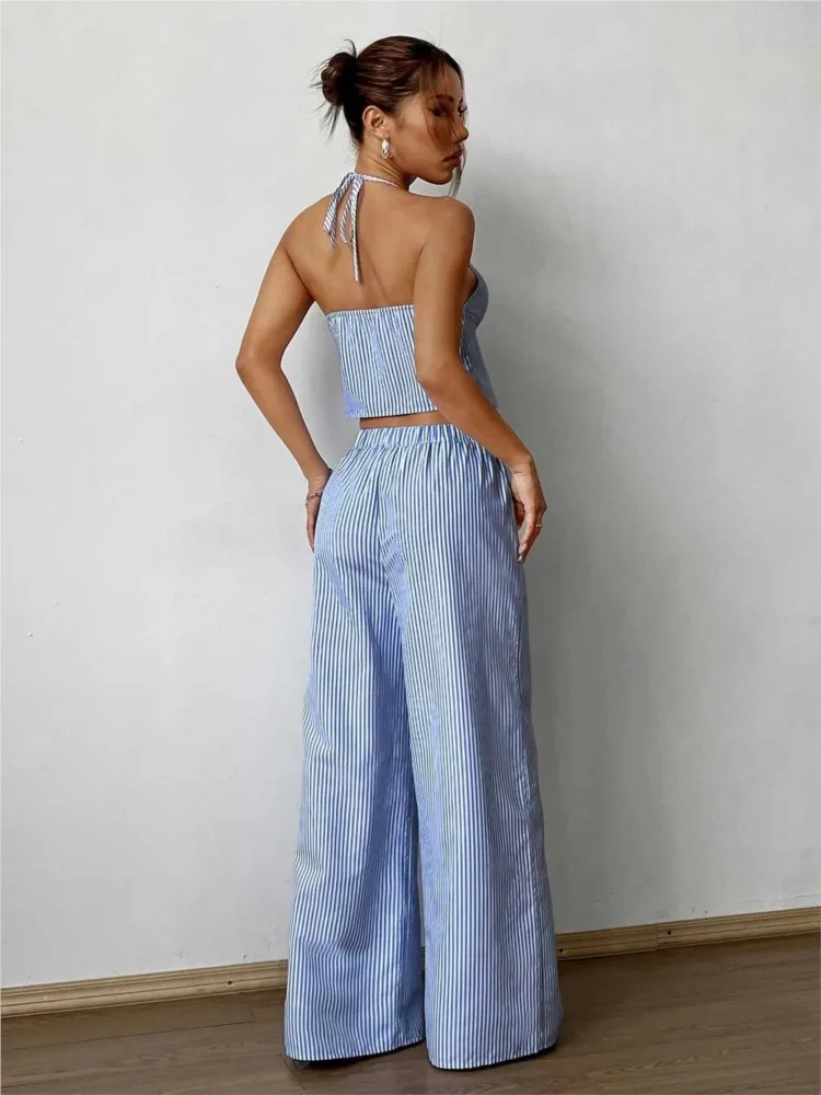 Summer Vacation Casual Women's Suit Fashionable Striped Sleeveless Cropped Top Paired With Loose Straight Pants Two-piece Set