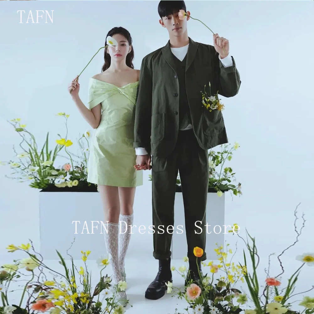 TAFN Simple Short Dresses for Couple Photo Shoot Off the Shoulder A-line Green Mini Evening Party Dresses Custom Made Gown