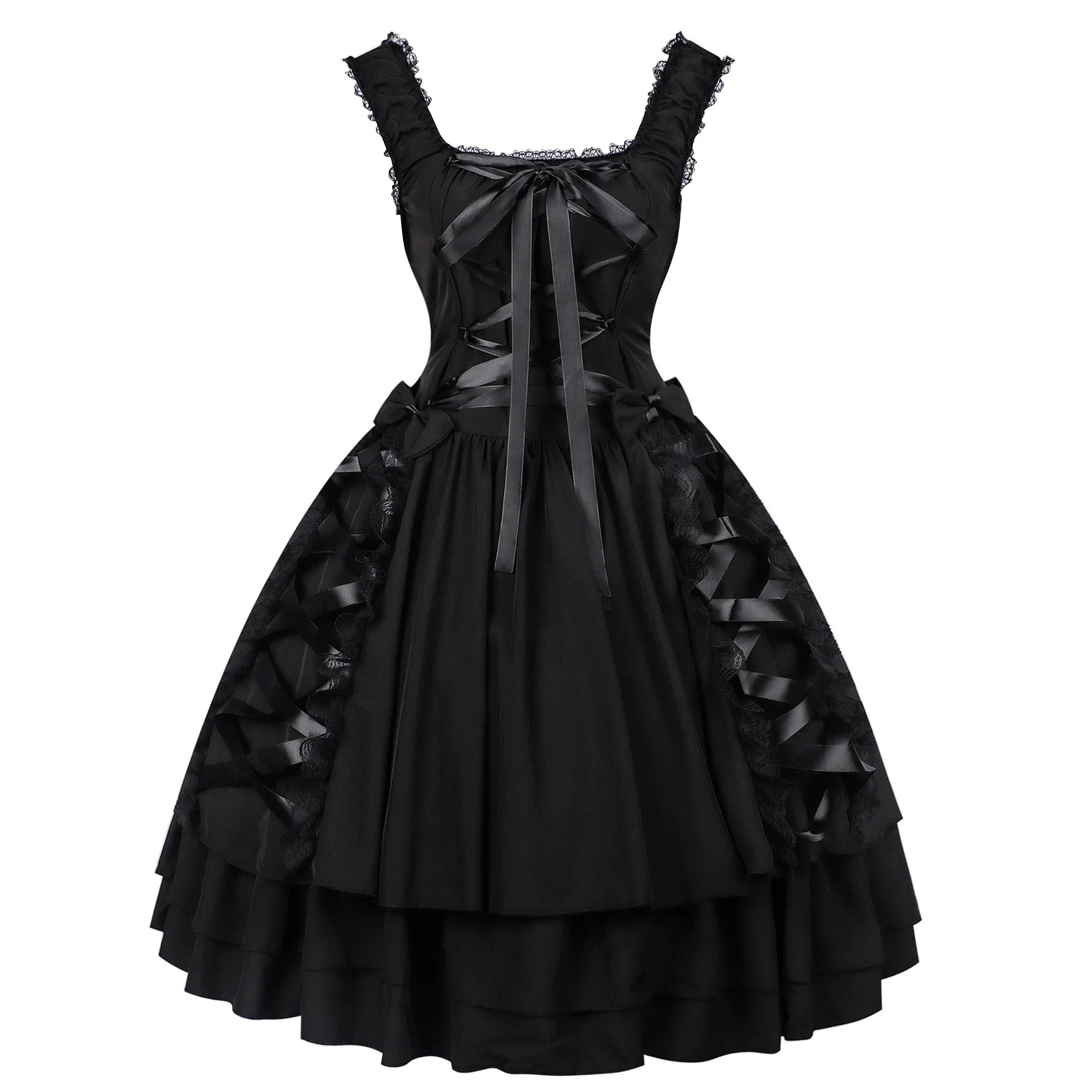 Women Classic Black Layered Lace-up Goth Lolita Dress, Elegant Party Wear with Lace and Bow, Halloween Anime Maid Dress Costumes