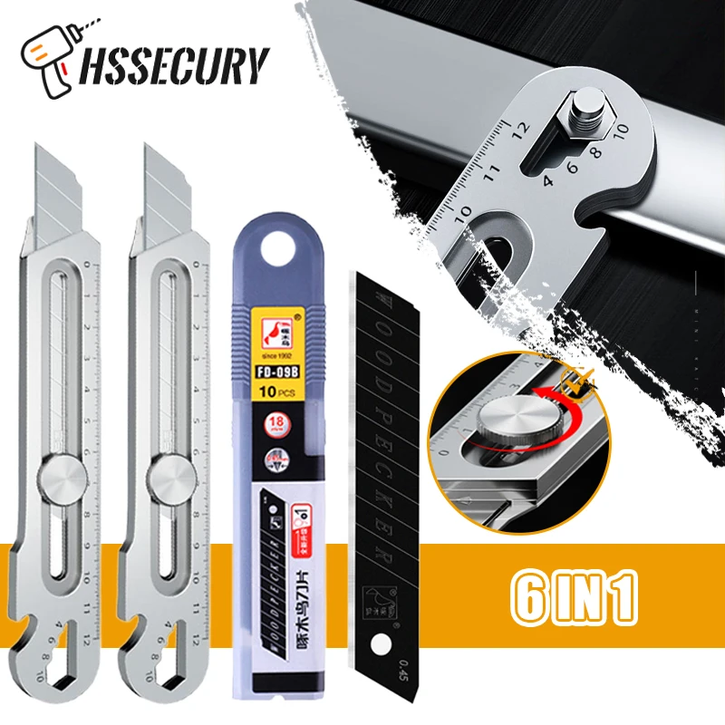 6 In 1 Multi-Function Stainless Steel Premium Utility Knife Holder Durable Sturdy Fast Cutting 18mm Pocket Blade Tool Holder