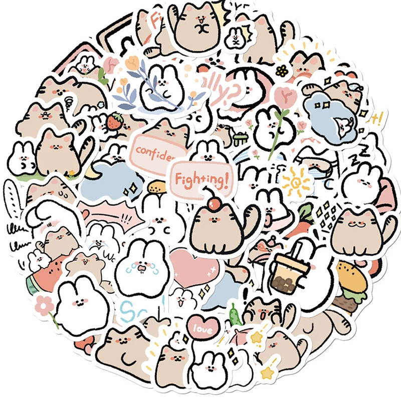 

60 шт. наклейки с мультяшными кроликами и кошками, милые животные, граффити, водонепроницаемые, съемные, для чемодана, скейтборда, чехла для телефона, подарки для девочек