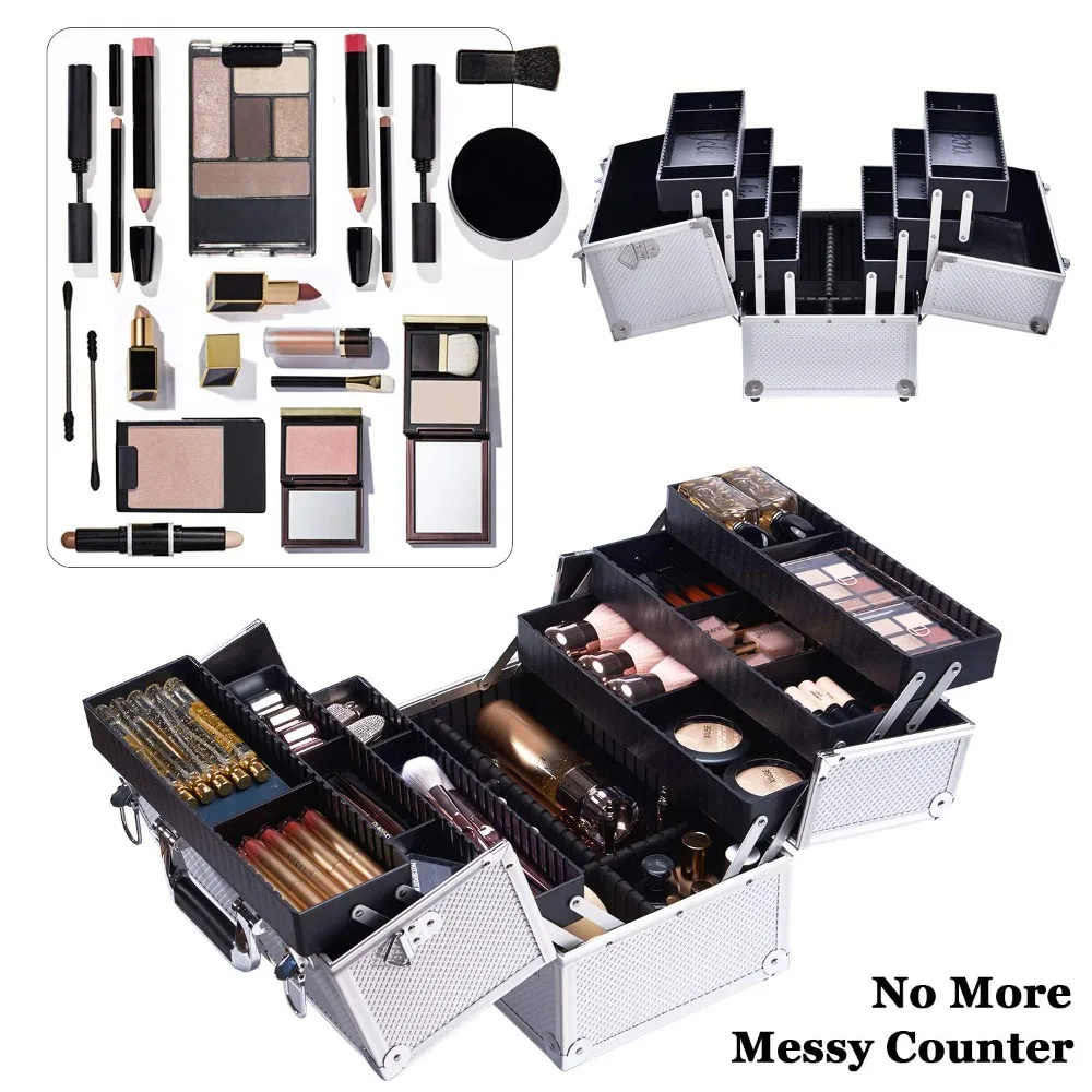 Extra Large Makeup Train Case 6 Tray Lockable Cosmetic Organizer with Adjustable Dividers & Shoulder Strap - Silver view 5