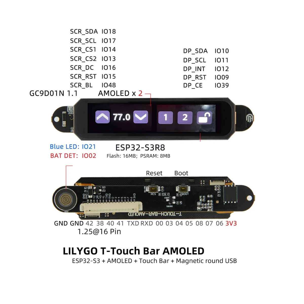 T-Touch Bar ESP32-S3 Touch Bar 개발 보드, ESP32-S3R8 WiFi 블루투스 모듈, 마그네틱 원형 USB 커넥터