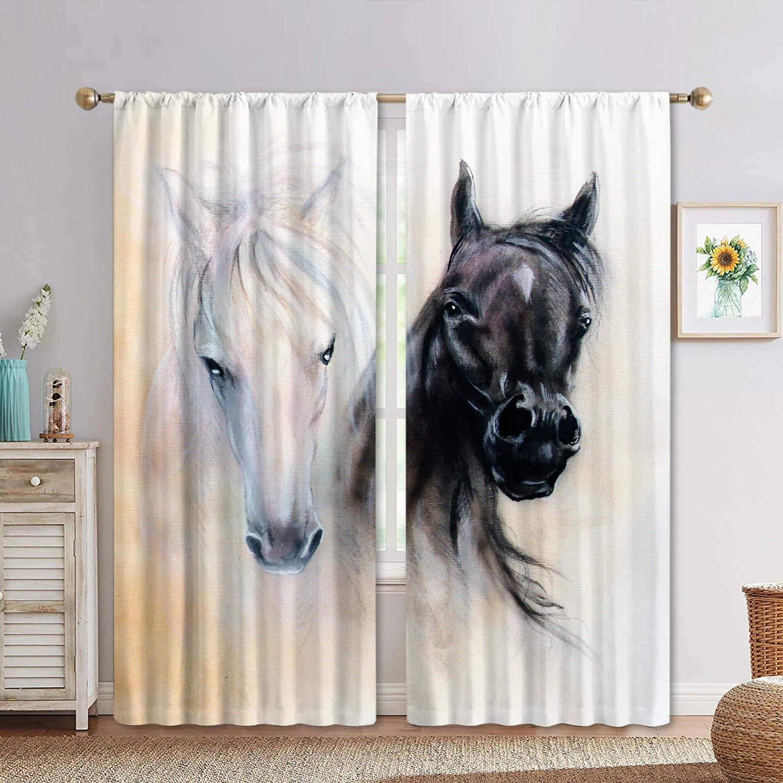 

Will Double Horse Black and White 3D Printing Bedroom Living Room Kitchen Drapes Window Curtains 2 Panels