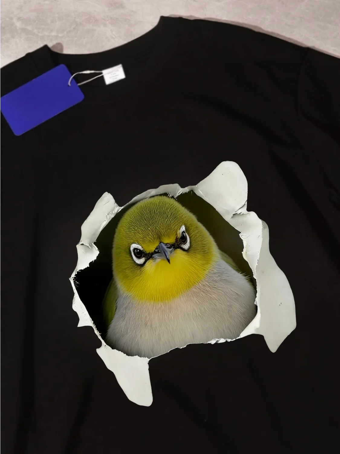 Couples Cotton T-Shirt Breathable Short Sleeve round Neck Hole Punching Eye Bird Print Fun Leisure Loose Fit Spring Summer