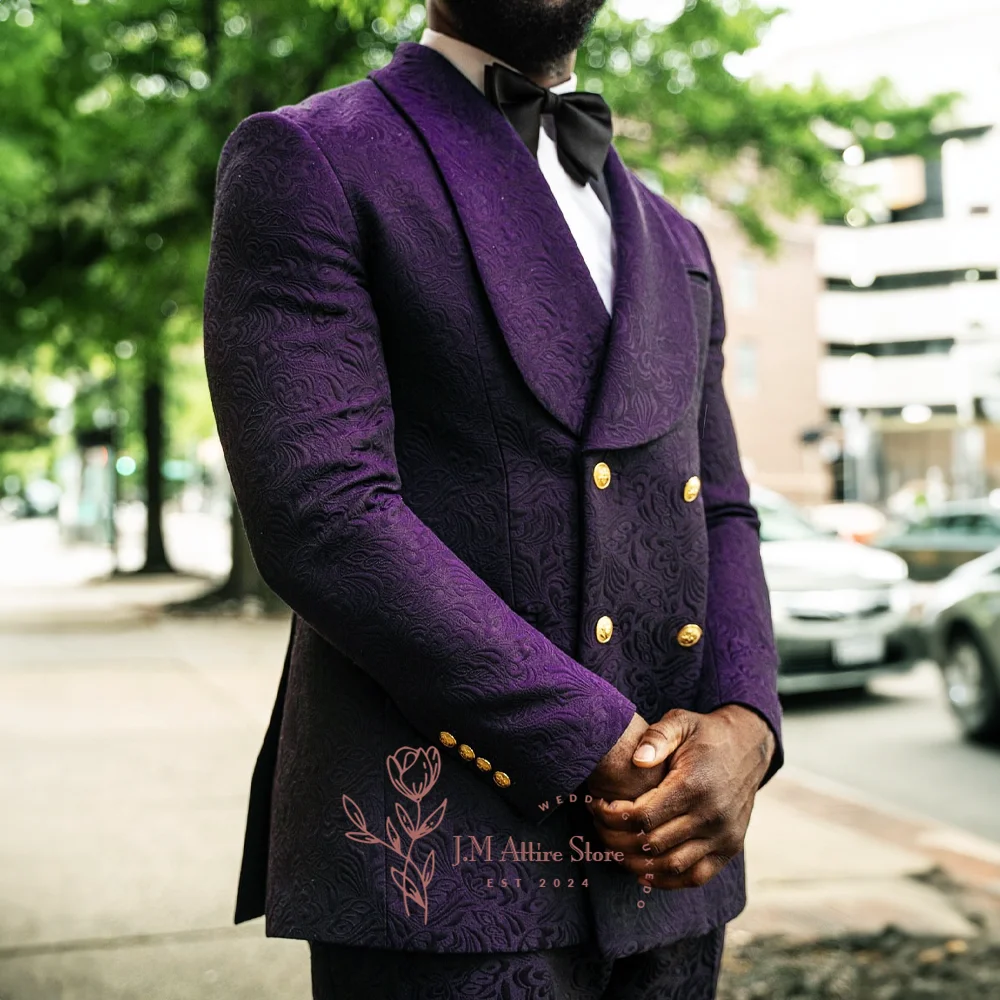 Luxurious Purple Jacquard Men's Suit 2 Piece Set Shawl Lapel Double Breasted Blazer Pants Formal Wedding Groom Custom Tuxedo