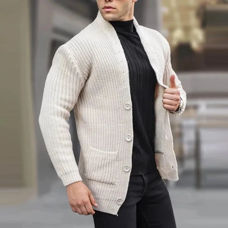 

Autumn Winter Men's Knitted Cardigan Solid Color Slim Fit Single Breasted Casual Knit Sweatercoat Men Fashion Cardigans Jackets