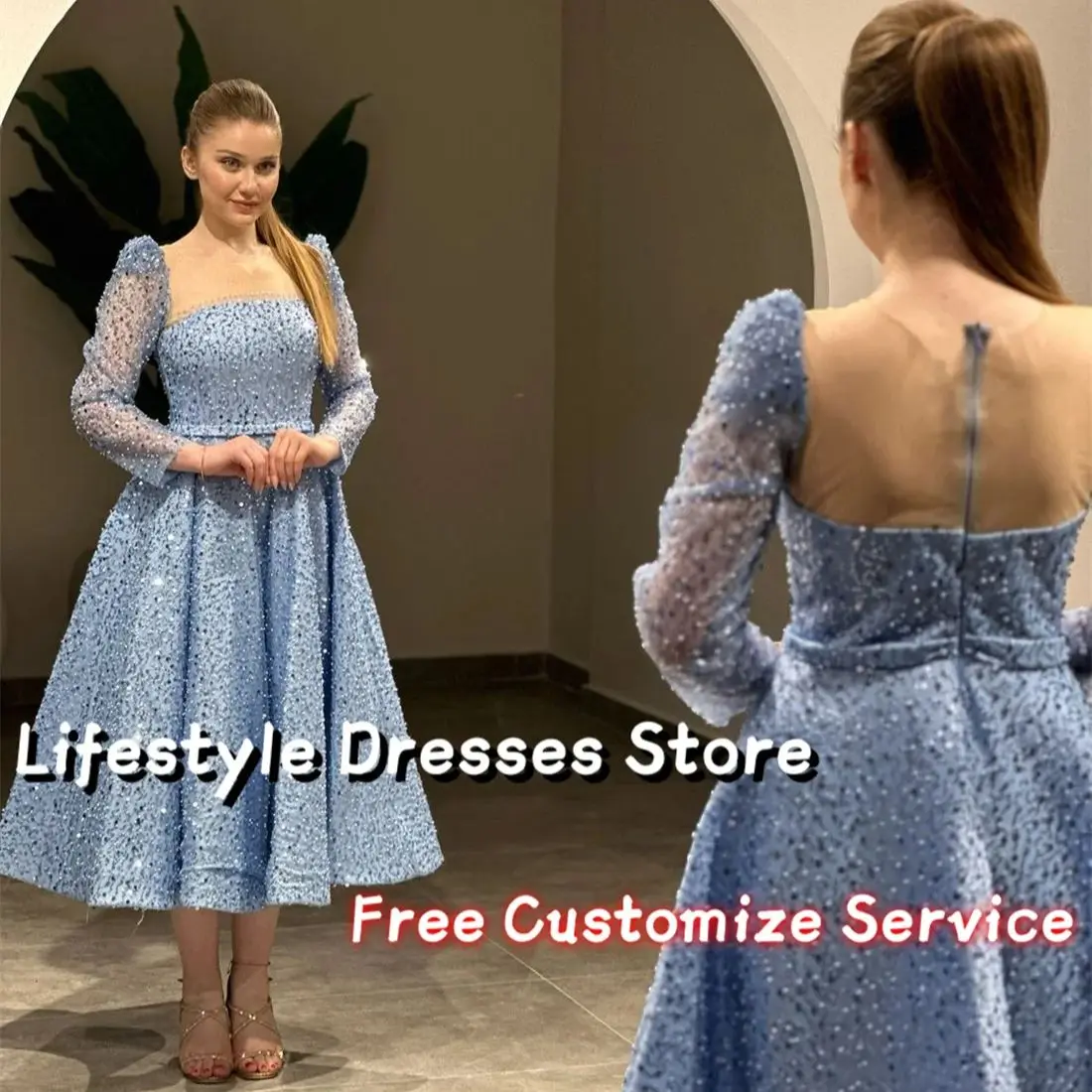 

Sparkly Beads Sequins Prom Dresses Long Sleeve A-line Tea-length Evening Dresses Party Gown vestidos para eventos especiales