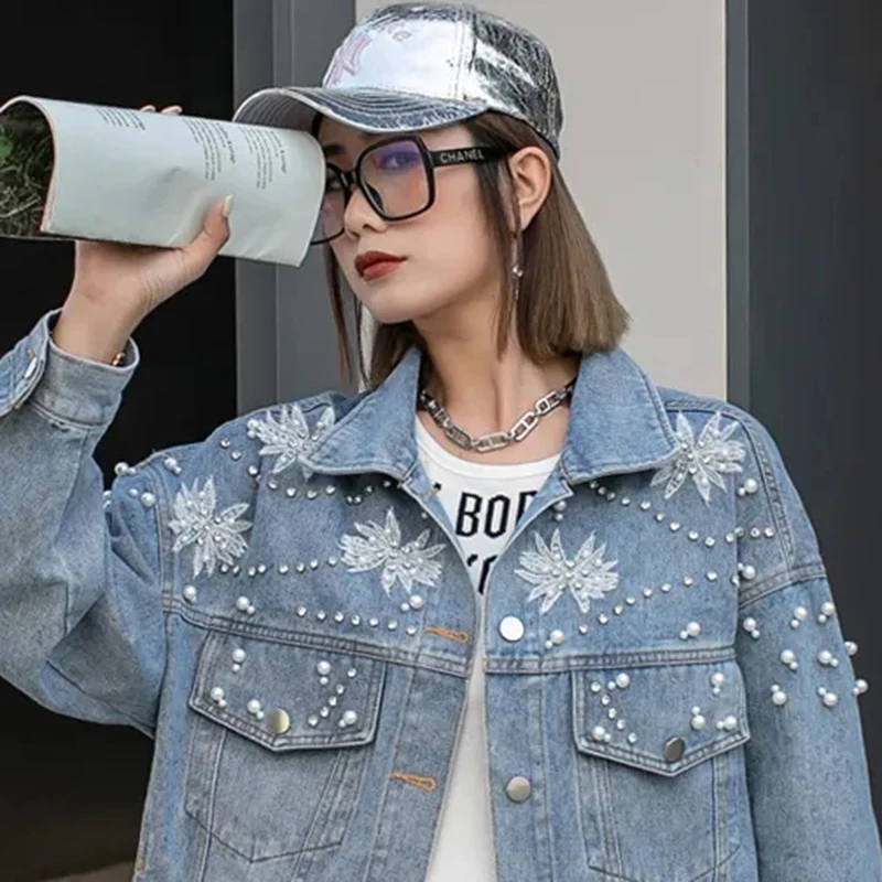 Veste en jean perlée pour femme, ample, surdimensionnée, Y2K, Vintage, Streetwear, manteau décontracté, mode Chic, nouvelle collection printemps automne 2025