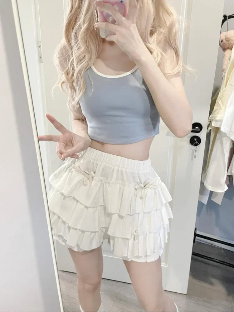 Pink Japanese Kawaii Sweet Shorts Women Blue Korean Elegant Casual Cake Culottes Female A-line Bow Cute Princess Shorts 2023 New