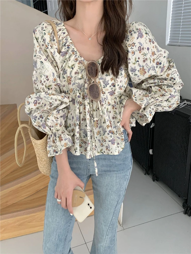 2024 Blusas Mujer De Moda Floral Sweet Crop Blouses for Women Loose V-neck Bandage Shirts Summer Y2k Vintage Folds Blouse Tops