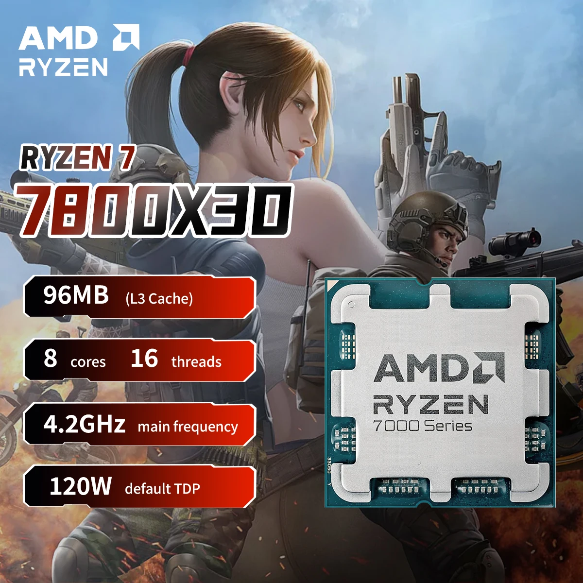 AMD Ryzen 7 7800X3D 4.2GHz L3=96M Processor 120W 8-Core 16-Thread R7 7800X3D Socket AM5 5NM DDR5 but No Fan