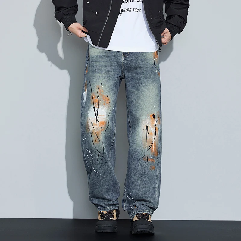 2025 New American High Street Men's Loose Straight Leg Jeans Dyeing Waed Versatile Casual Comfortable Wear Resistant