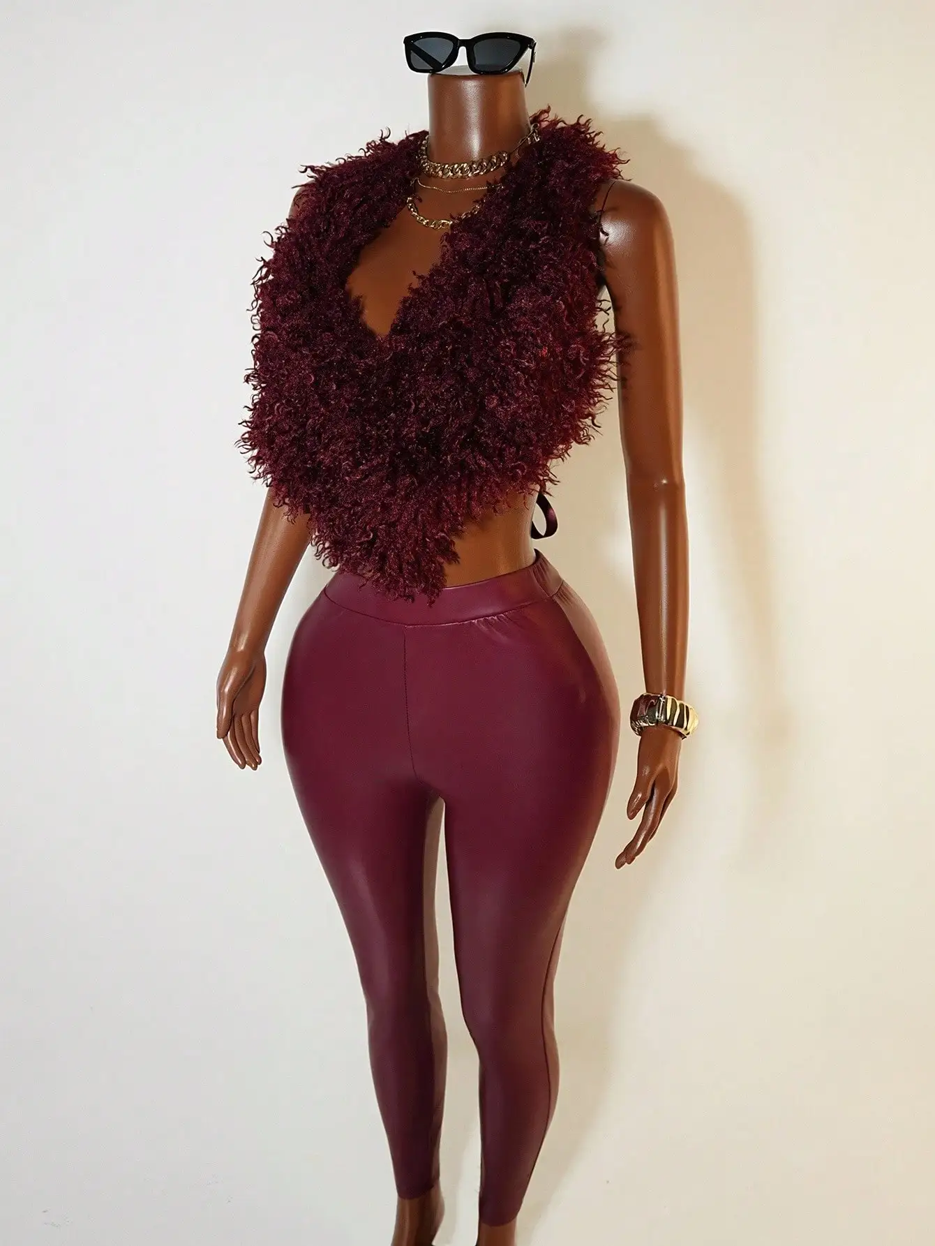 Set top senza schienale e leggings a vita alta da donna sexy pelosi con scollo all'americana - Borgogna