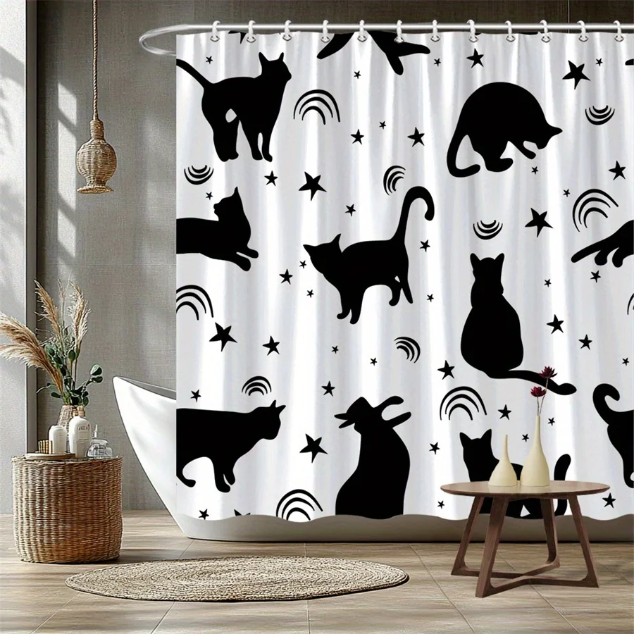 

1pc Black shower curtain with cat silhouette and starry sky pattern, made of polyester fabric, suitable for bathroom décor.