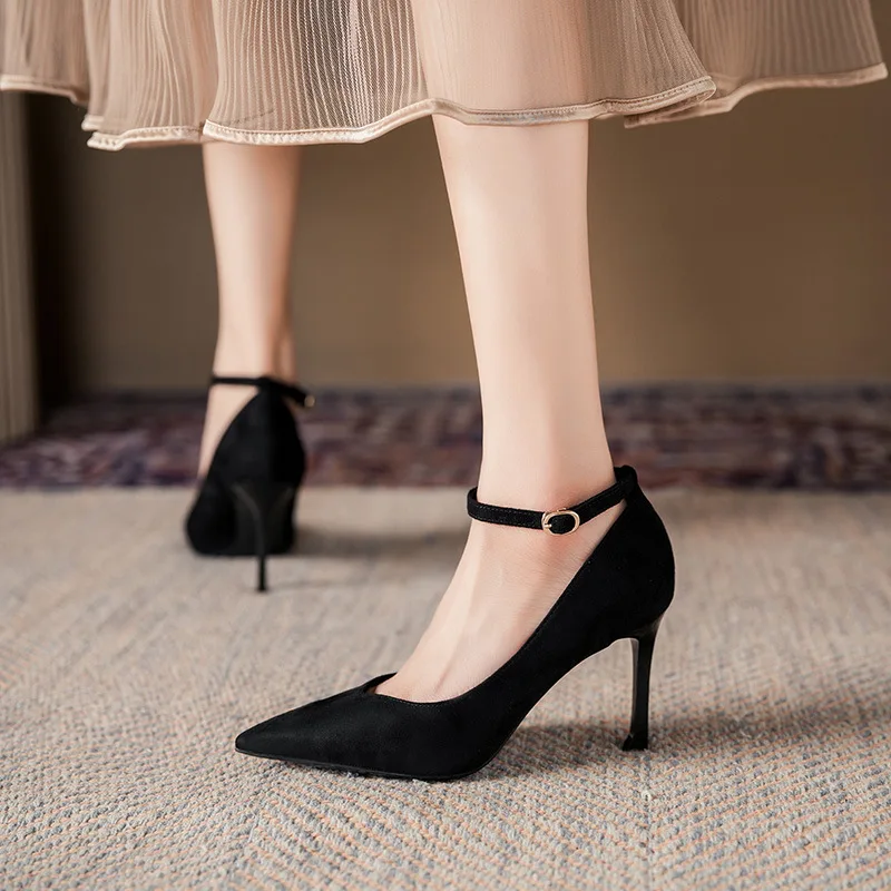 

Women's Black Suede Ankle Strap Pointed Toe Stiletto Heels Pumps for Office Wedding Party Q-017