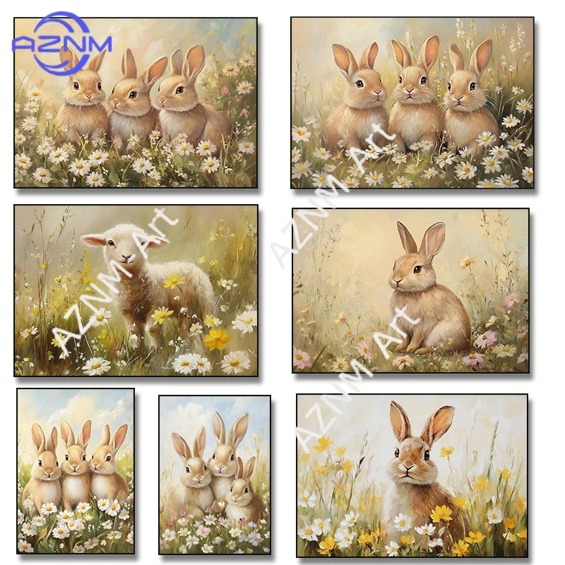 Vintage-Stil, niedliche Hasen-, Enten-, Schaf- und Blumenfamilie, Poster, Leinwanddruck, antikes Wandkunstbild, Wohnzimmer, Heimdekoration, Geschenke