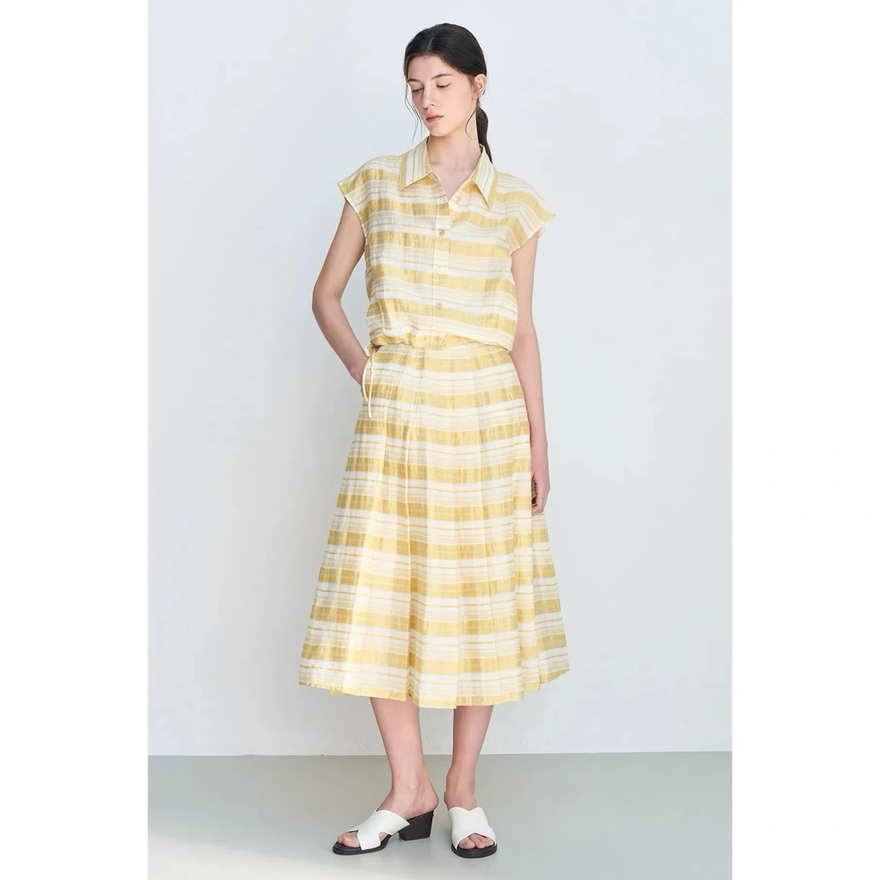 

Lemon Cheese Summer Anti-Aging Striped Commute Collar Short Sleeve A-Line Skirt Women's Fashion Straight Tube Top
