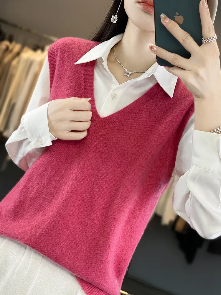 Women Wool Vest Pullover V-neck Vest Solid Color Knitwear Vest Simple Fashionable Casual Vest Comfortable And Soft Classic Style