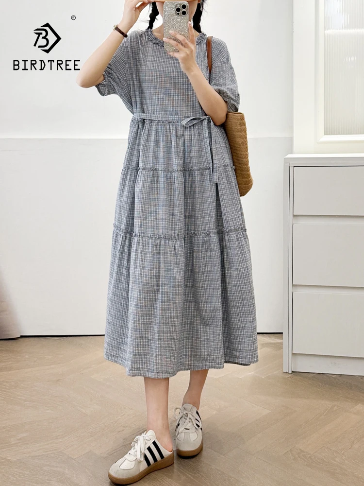 

New 2025 Summer Cotton Short Sleeve Dresses, Women O Neck Plaid Ruffles, Mori Girl Retro Casual INS Loose A-line Dress D56262CC