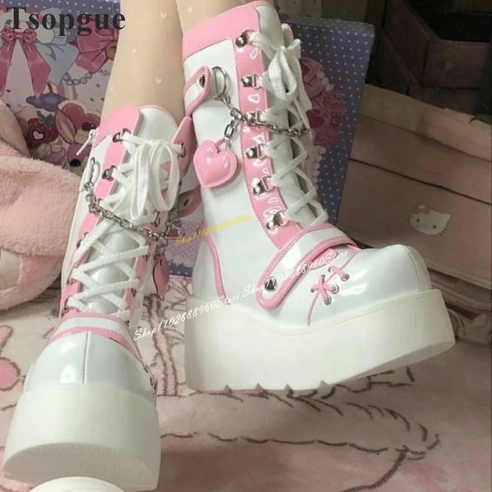 Punk Style Cross Tied Pink Chain Boots Thick Soled Shoes For Women Side Zipper Round Toe 2024 Fashionable Zapatos Para Mujere