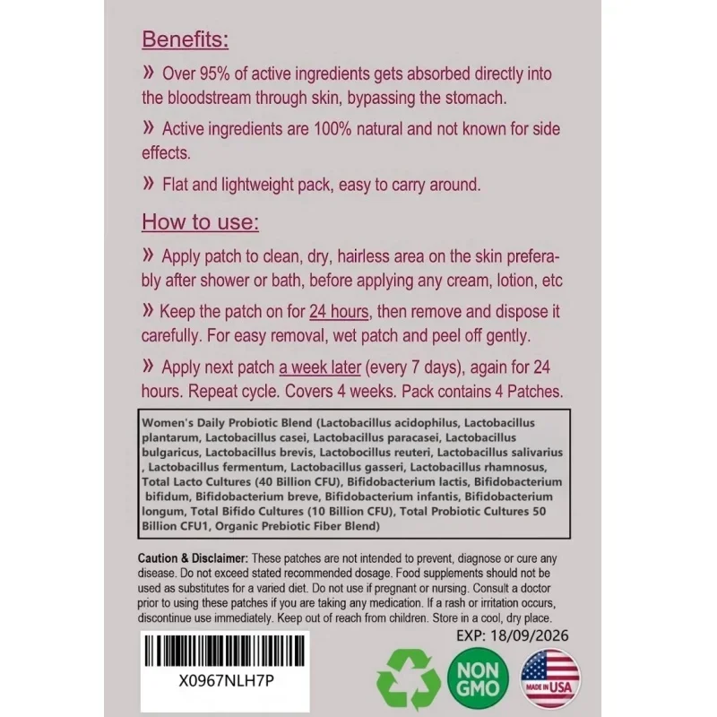 Probiotics For Women & Prebiotics, Transdermal Patches,50 Billion Cfu For Women’S Daily Digestive L & Immune Health