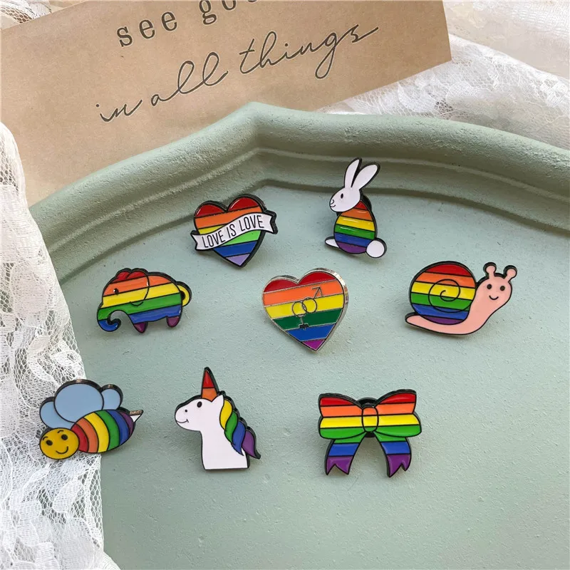 Cute Rainbow Unicorn Bee Enamel Brooch Cartoon Bowknot Elephant Rabbit Love Animal Badge Bag Lapel Pins Couples Gifts Jewelry