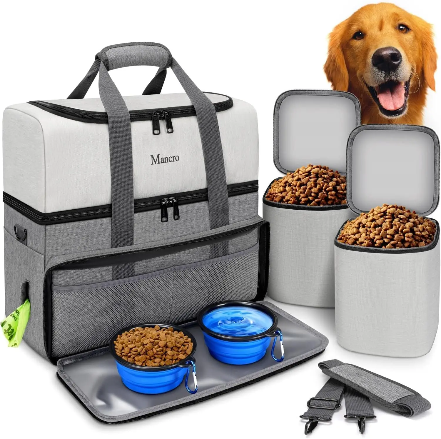 

Dual Layer Pet Travel Bag with Food Containers, Collapsible Bowls & Multiple Pockets for Camping and Road Trips