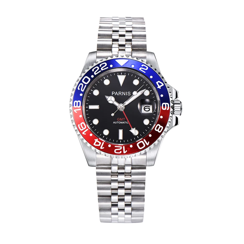 Fashion Parnis 40mm Red Blue Bezel Automatic Mechanical Men\'s Watches Red GMT Sapphire Crystal Calendar Men Watch reloj hombre