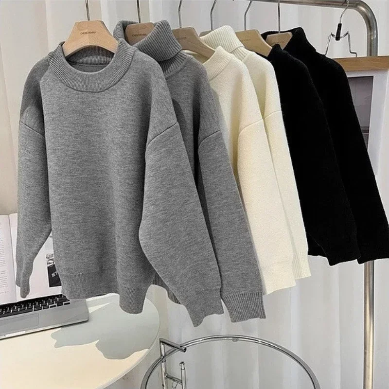 Boys White Sweater Winter Fleece Thick Warm Pullovers for Kids 1 To 10 Y Girls Knitted Tops Solid Basic Casual Children Clothes