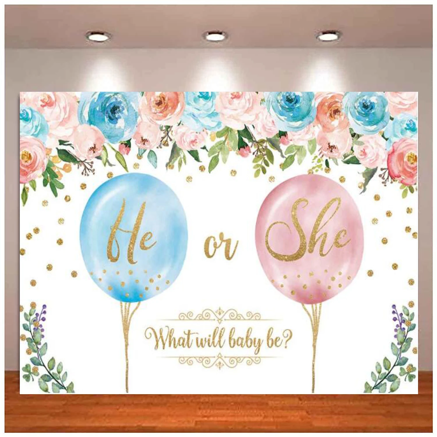 

Gender Reveal Party Photography Backdrop Pink And Blue Boy Or Girl Gold Glitter Balloons Background He Or She Baby Shower Decor