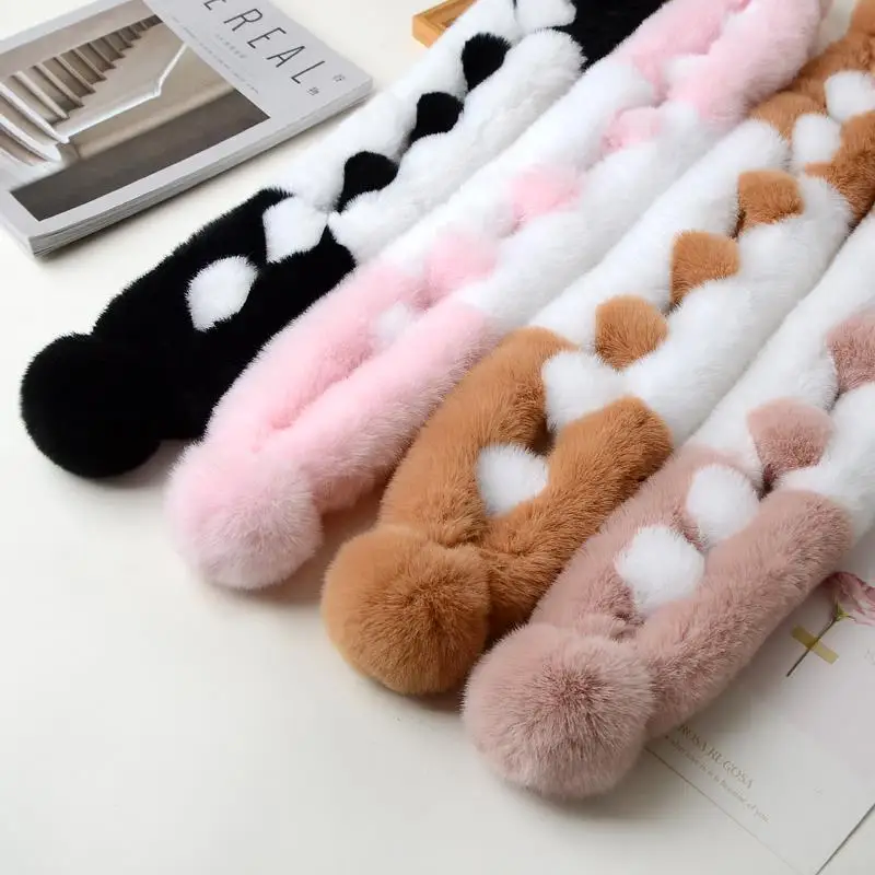 Winter Thick Warm Cross Scarf Women Soft Faux Rabbit Fur Collar Neck Protection Two-Colors Double Tube Plush Wrap Warmer Scarves