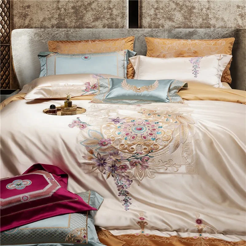 Luxury Exquisite Embroidery Patchwork Duvet Cover Decorative Silky Satin Cotton Bedding set Bed Sheet Bedspread Pillowcases