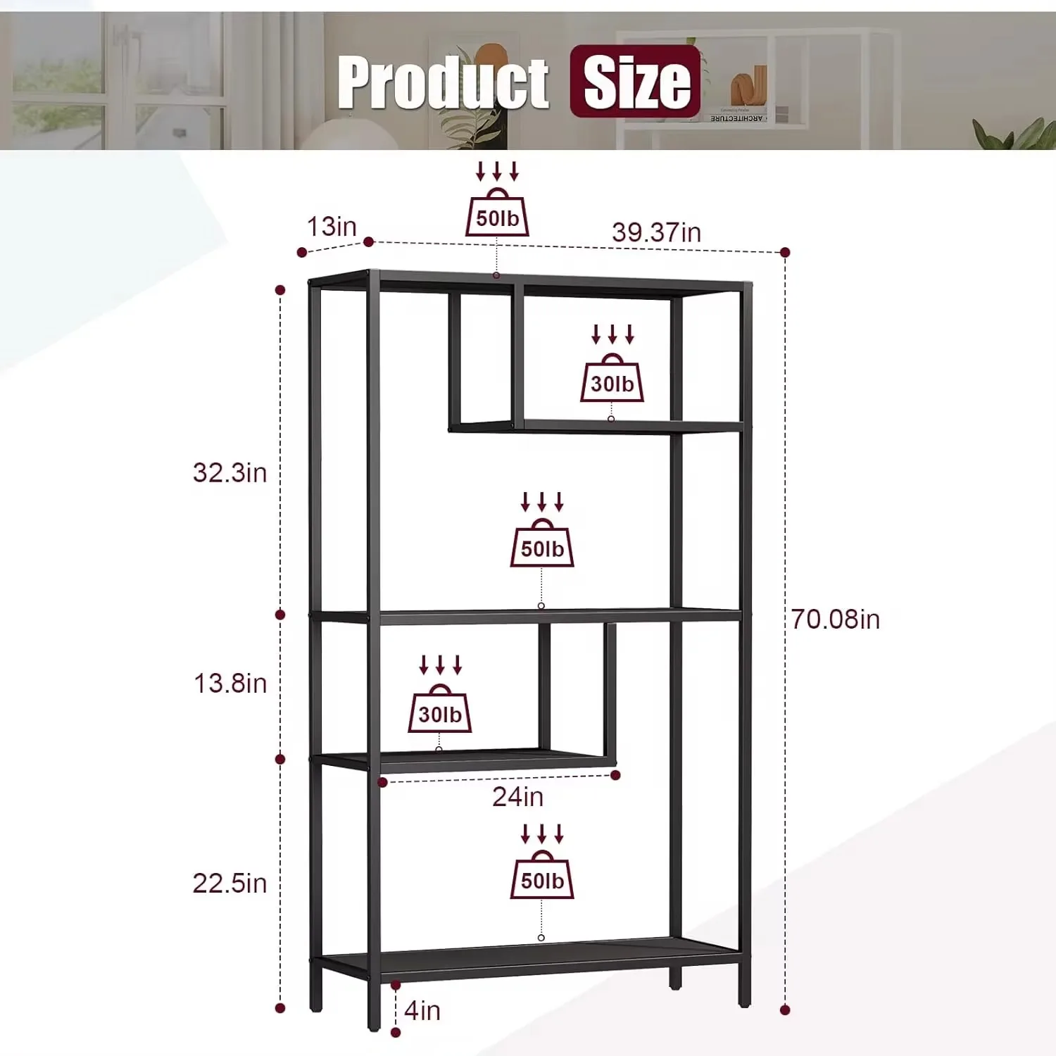 Geometric Bookshelf, Tall Modern Etagere Bookcase,Industrial Metal Book Shelf with 5 Open Display Shelves for Office Living Room