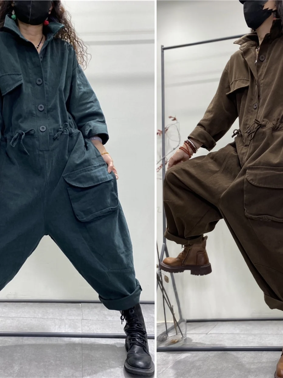 Authentic One-Piece Romper Loose Artistic Wide Leg Pants Casual Trousers Vintage Style Women's Premium Quality Cotton Pants