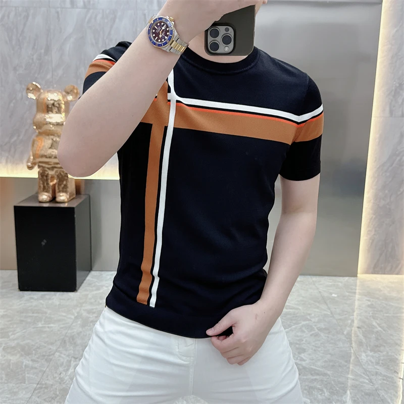 2024 Summer Stripe Knitted T-shirt Men Slim Fit Short Sleeve T-shirt Versatile Round Neck Ice Silk Casual Business Tee M-4XL