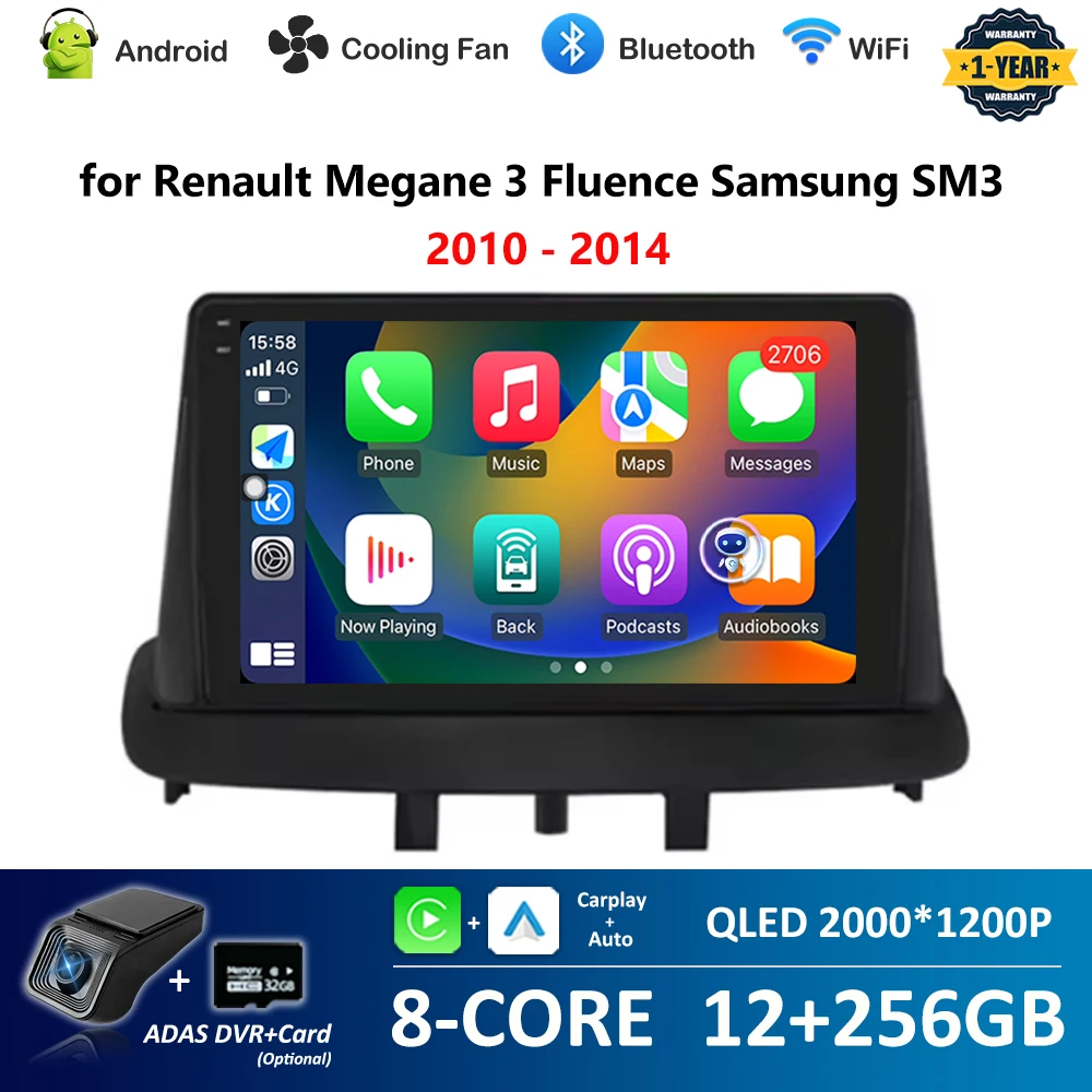 

Car Radio Multimedia Player 9'' for Renault Megane 3 Fluence Samsung SM3 2010 - 2014 Android System GPS Navi WiFi BT 4G Carplay