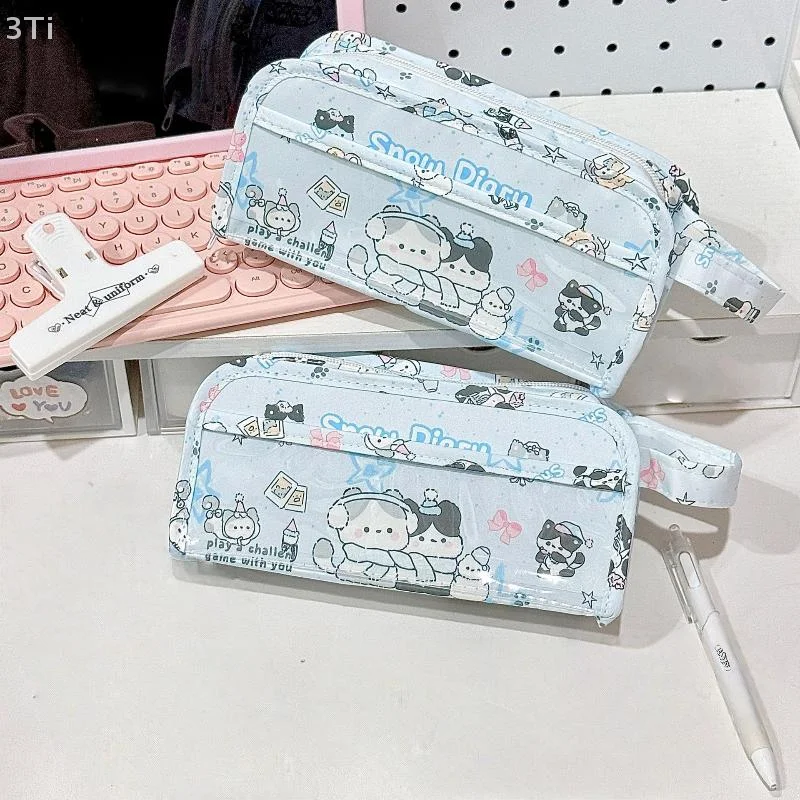 Lovely Illustrated Cat Big Capacity Pencil Bag Multi-floor Student Writing Tool Case Cosmetic Storage Satchel
