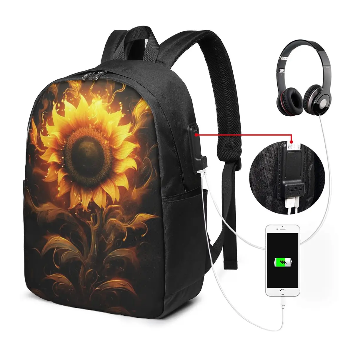 Yellow Sunflower In Dark Design Backpack Travel Notebook Bag Computer College Student School Bag Laptop Shoulder Bags Men Women