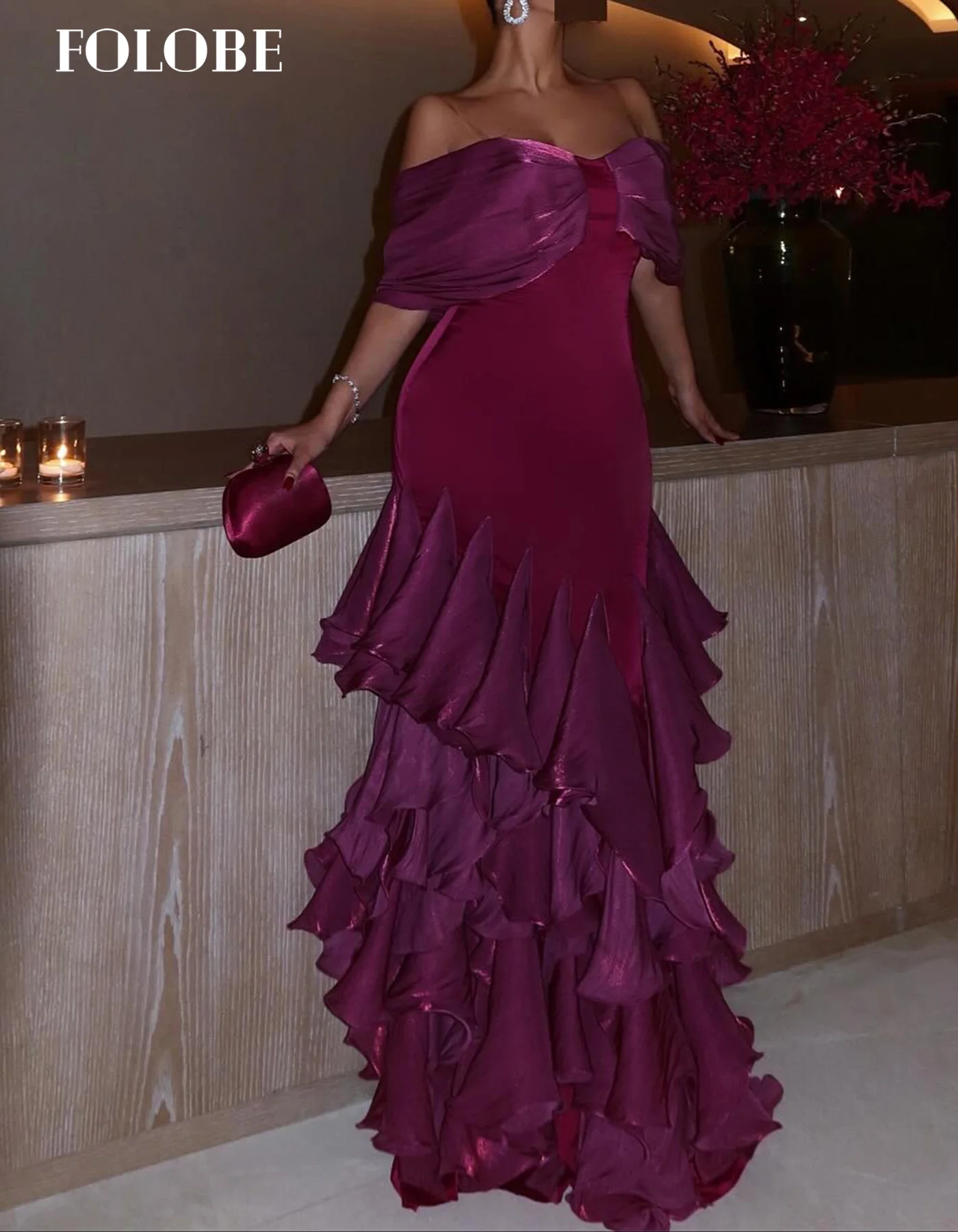 Folobe fora do ombro vestido de casamento sereia sem mangas em camadas babados princesa noiva mulher vestidos de casamento personalizado