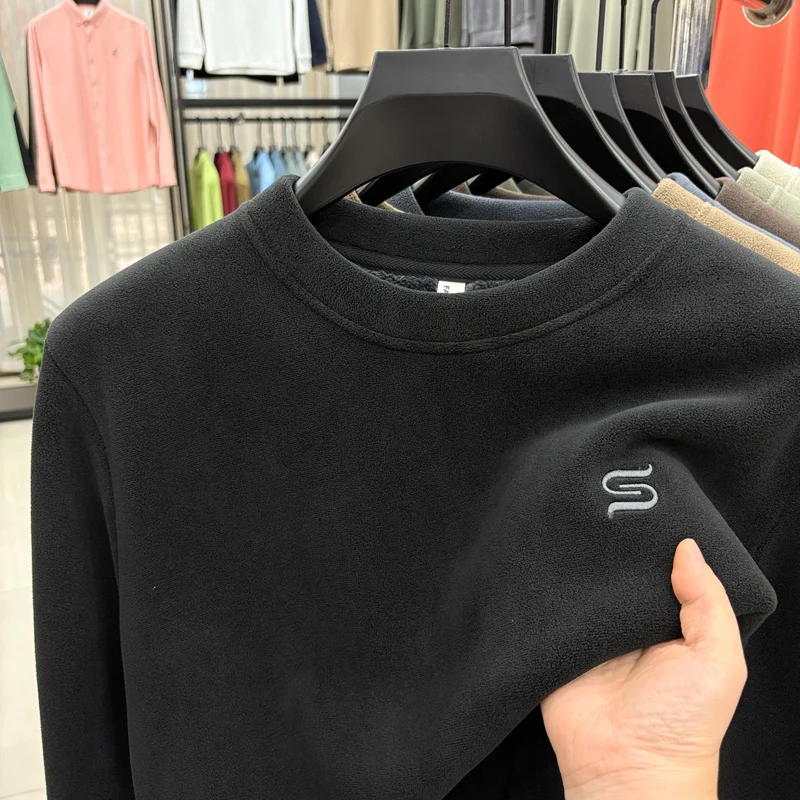 

Men autumn winter high quality fleece-lined long sleeves pullover round neck flannel keep warm T-shirt leisure anti-pilling top