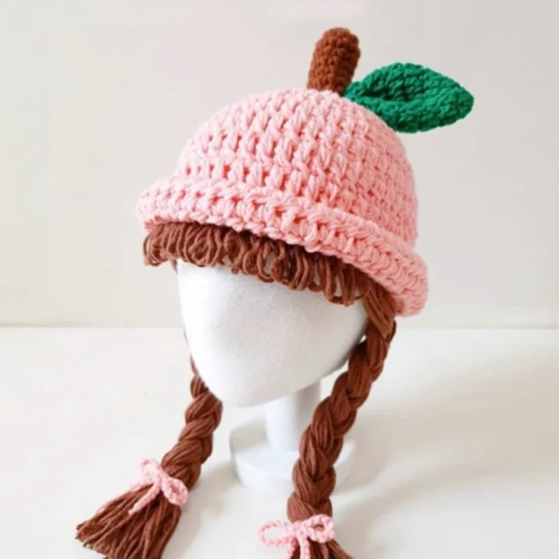 Gorro de punto para bebé y niño, peluca hecha a mano con diseño de manzana, gorros de lana, accesorios para fotos, tocado de 1 a 5 años