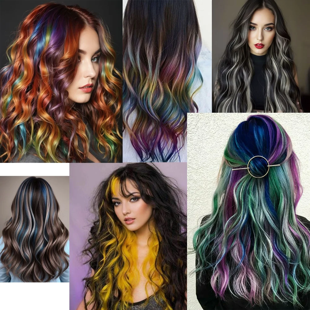 20 Inch Colourful Curly Wavy Party Highlights Clip in Synthetic Hairpieces for Women - 8 Pack Curly Colored Hair Extensions