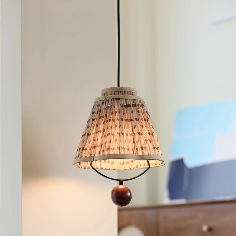 

French Vintage Wooden Bead Ceiling Pendant Lights Printing Fabric Hanging Lamp Living Room Bedroom Restaurant Kitchen Chandelier